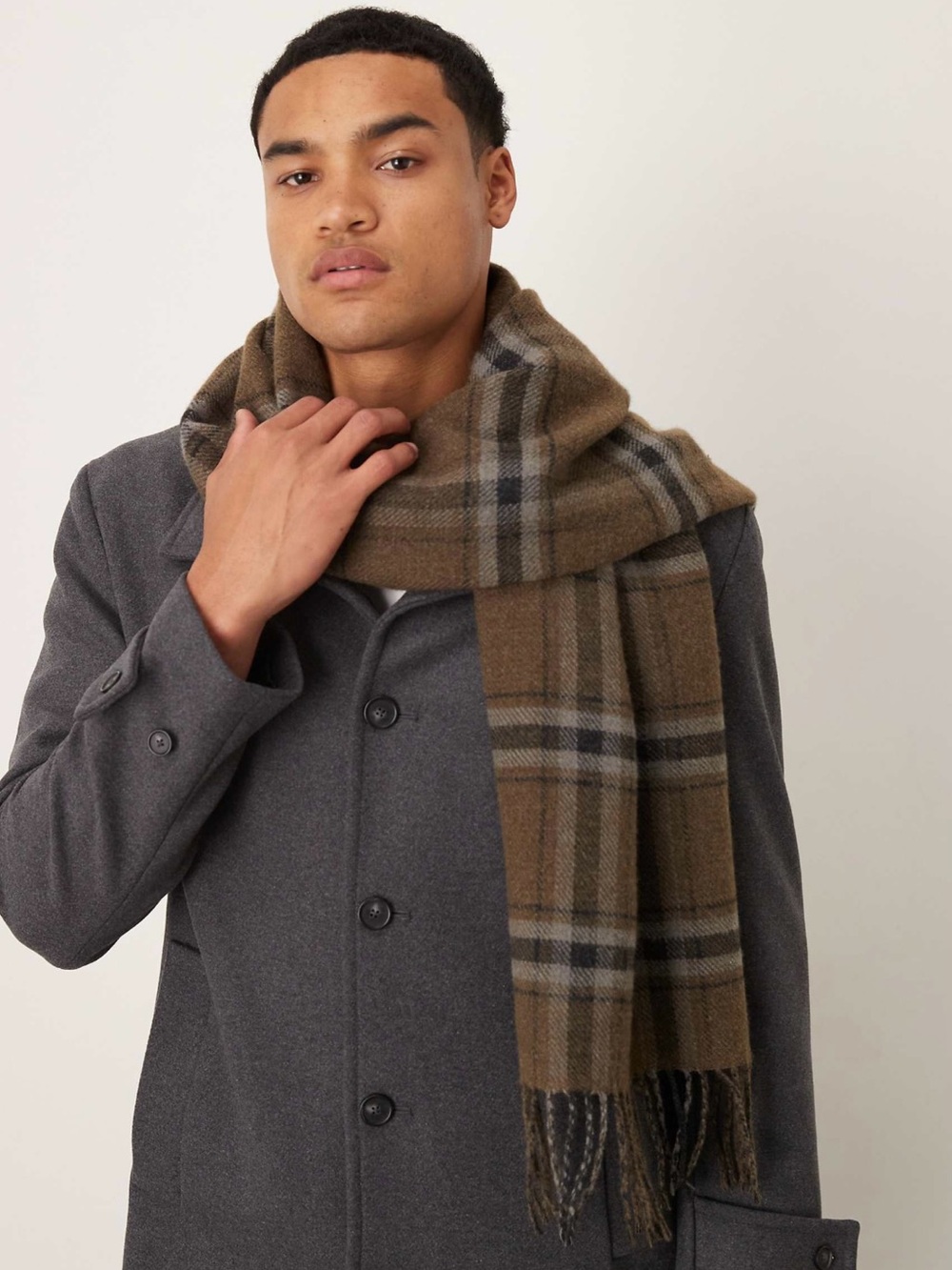 Mango Plaid Scarf in Olive/Brown/Black